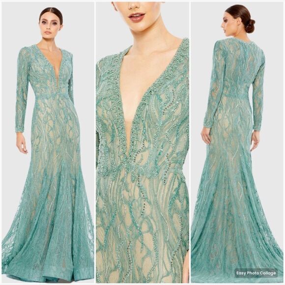 Mac Duggal 79291 Womens Green BEADED ILLUSION LONG SLEEVE PLUNGE NECK GOWN - Picture 2 of 16